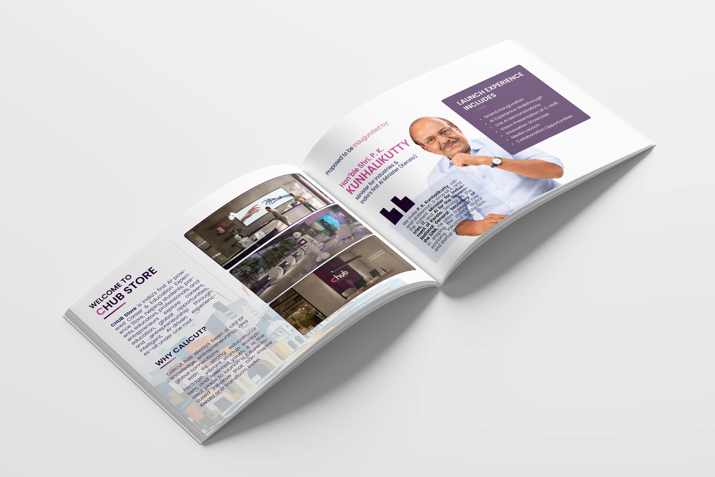 C-Hub store launch brochure: open spread introducing the store and its chief guest